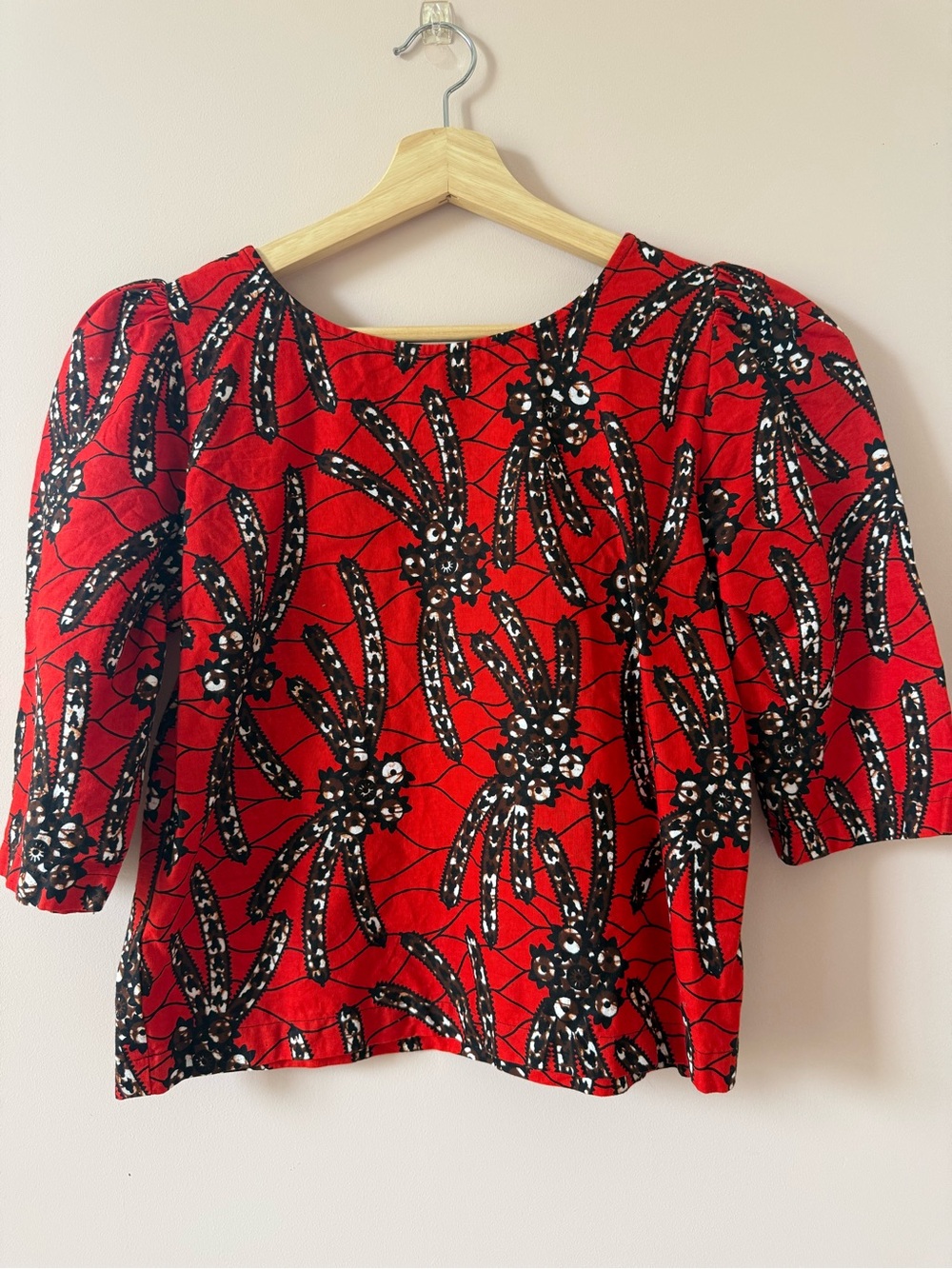 Red Floral Puff-Sleeve Blouse with Black & White Accents